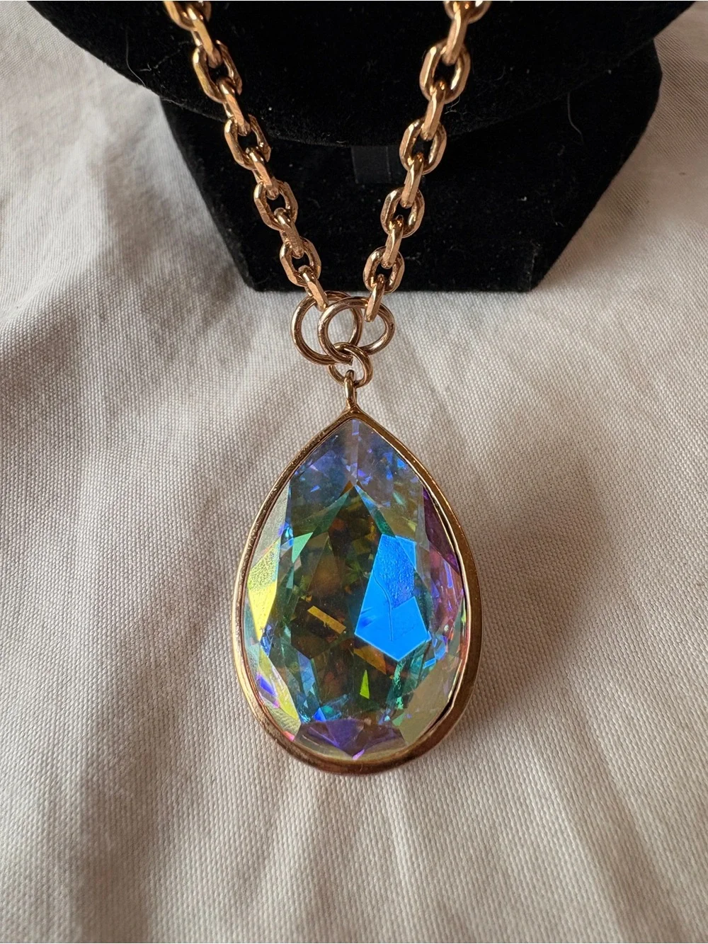 Gold Chain Necklace with Iridescent Teardrop Pendant - Women Jewelry
